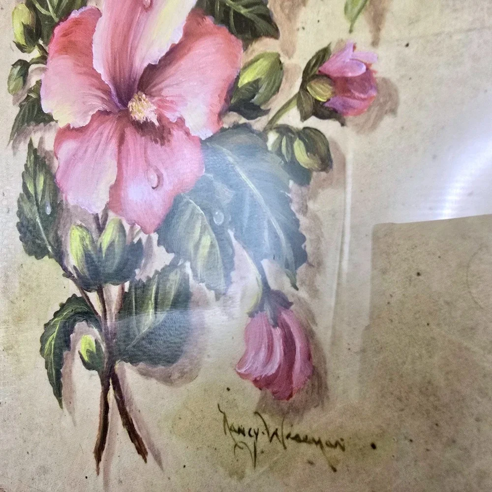 Nancy Wiseman Signed Floral Painting Pair Pink Hibiscus Peony Framed Art Set 2